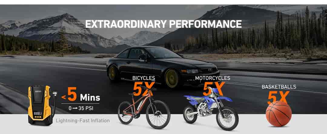 AstroAI AC/DC Mini Air Compressor with 150PSI, LED Light for Car Tires, Balls, Motorcycles, Yellow