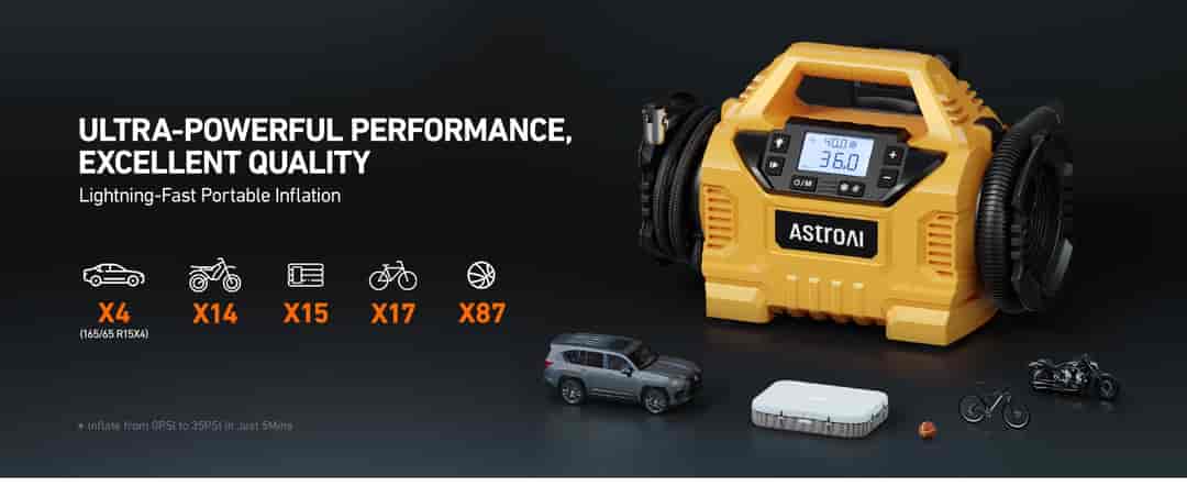 AstroAI Quick Trick Inflator with HD Screen, 3 Power Sources & Dual Powerful Motors, 160 PSI, Yellow
