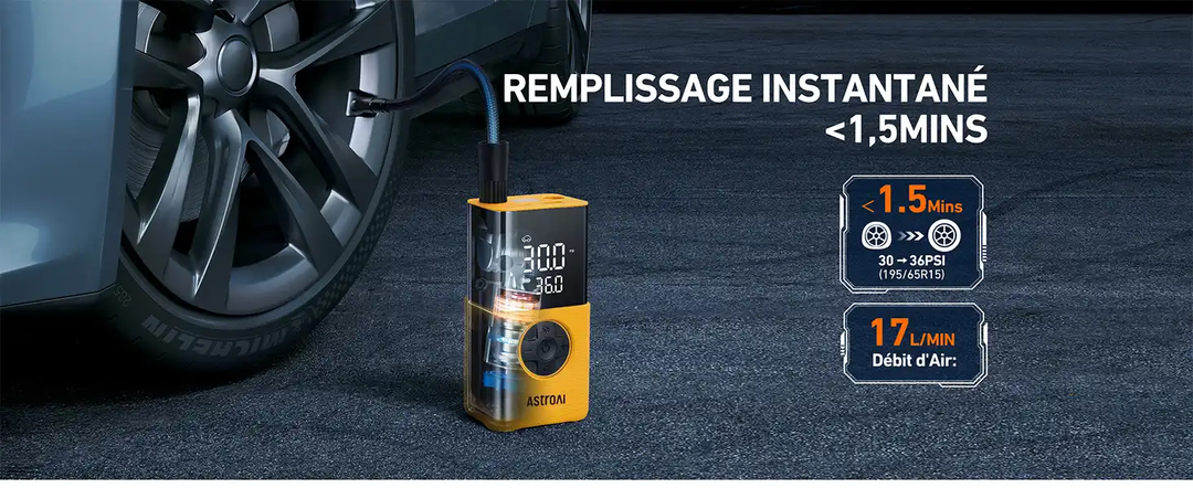 AstroAI Gonfleur Pneus Voiture, Compresseur à Air Portatif, Gonfleur Pneus Voiture Sans Fil compacte, avec Batterie Rechargeable pour Vélos, Motos, Boules