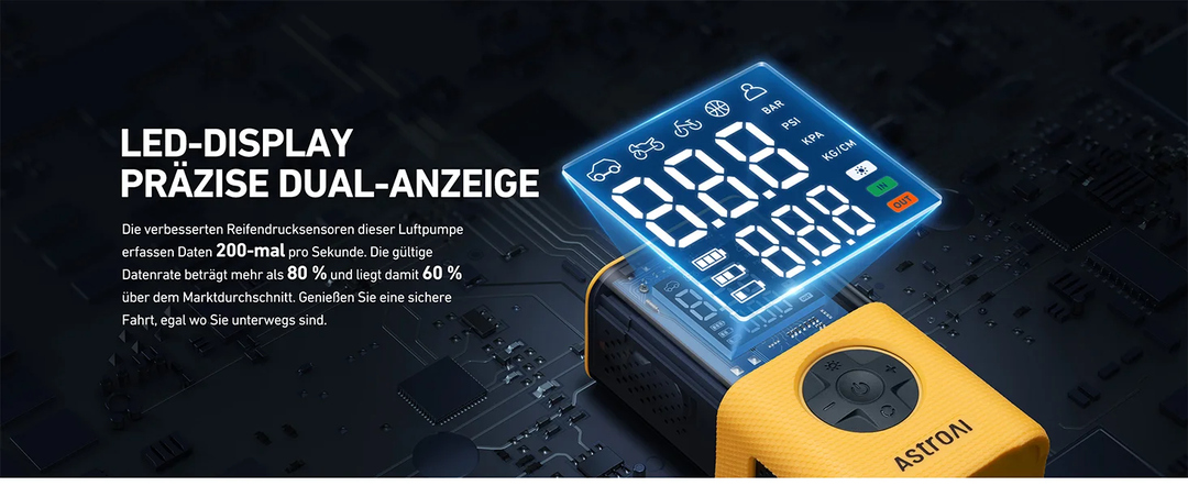 AstroAI Elektrische Luftpumpe Fahrrad Kabellose Fahrradpumpe Elektrisch mit alle Ventile,LED-Dual-Anzeig,LED Licht Mini Reifenpumpe für Fahrrad, E-Bike, Auto, Motorrad, Bälle