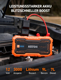 AstroAI S8 Pro Starthilfe Powerbank, 3000A starthilfe für bis zu 9 L Benzin & 7 L Diesel, 12 V Tragbare starthilfe powerbank für pkw mit 3 Modi-Taschenlampe und Starthilfekabeln, Orange