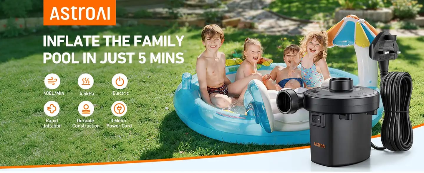 AstroAI Electric Air Pump, 400L/min Quick-Fill Inflator with 3 Nozzles for Airbeds, Pools & Inflatables