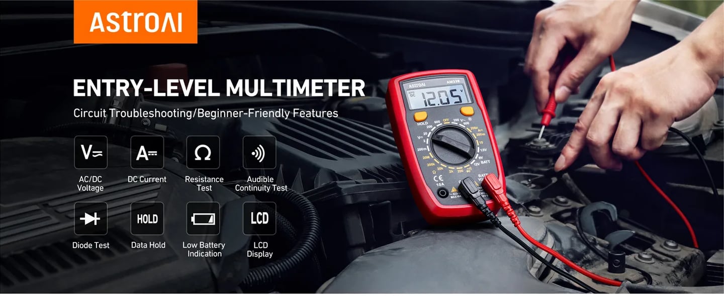 AstroAI Digital Multimeter Voltmeter Ohmmeter Ammeter Multi Tester Meter with Backlit LCD Electronic Test Meter Measures Voltage, Current, Resistance; Tests Continuity, Diode（Black）