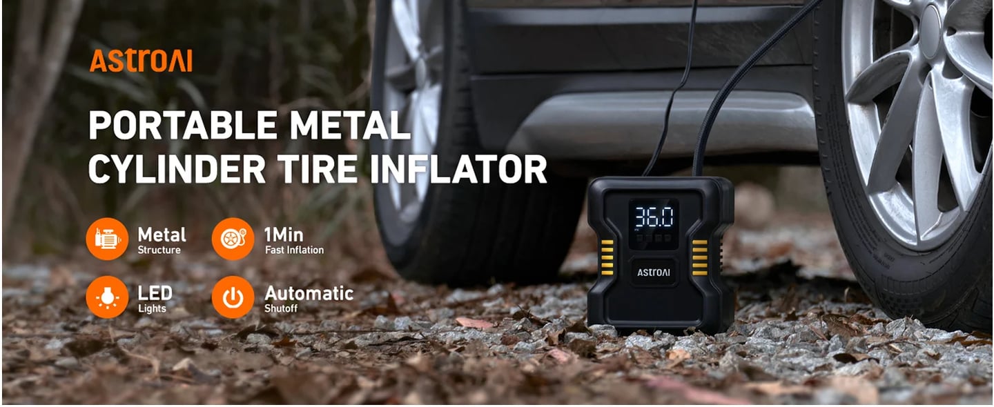 AstroAI Portable Car Air Pump - Fast Inflation, 12 Volt DC Air Compressor for Bike & Air Mattress