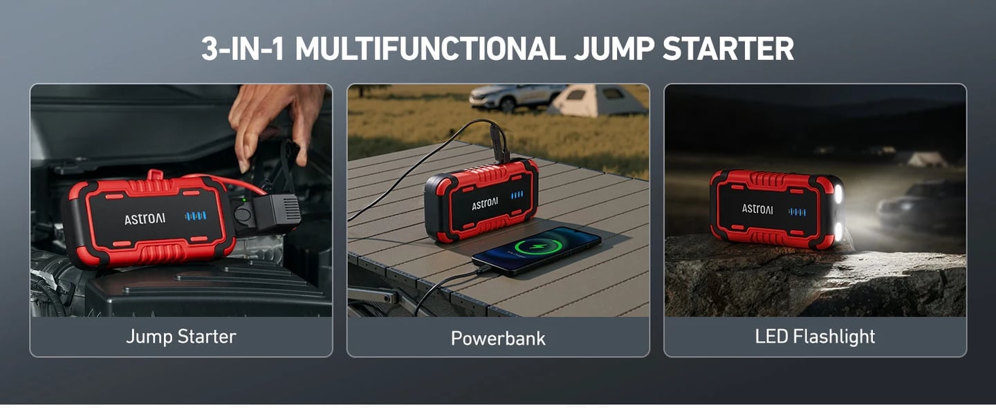 AstroAI P8 Jump Starter Power Pack 3000A – Portable Car Battery Booster Jump Starter Power Bank for 12V Cars (10.0L Petrol / 8L Diesel), Motorbikes, Includes LED Flashlight, Red