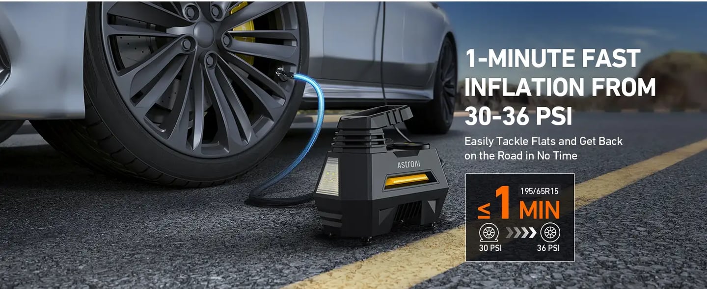AstroAI Tyre Inflator Air Compressor 12V DC, 35LPM 100W Powerful Portable Car Tyre Pump Auto-Stop with Digital Pressure Gauge, 4 Valve Adaptors and LED Light, Car Accessories