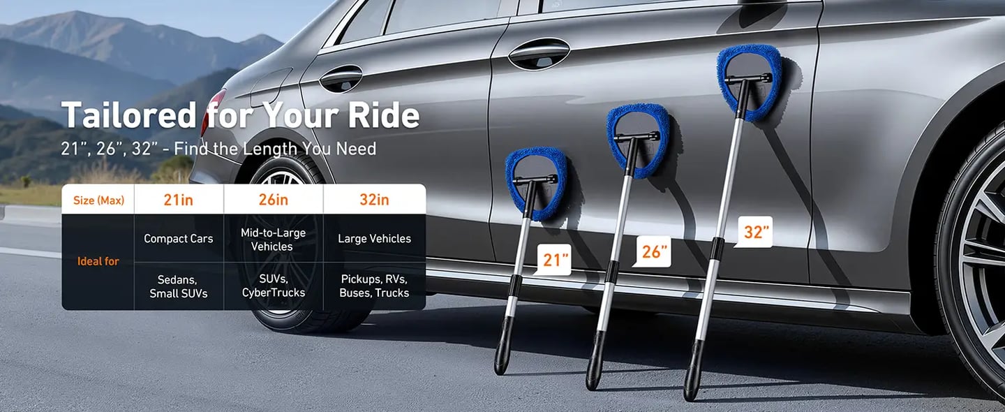 AstroAI 26" Windshield Cleaner Tool, Car Interior Window Detailing Cleaning Kit with Extendable Handle and 4 Easy-to-Install Reusable Microfiber Pads, Blue