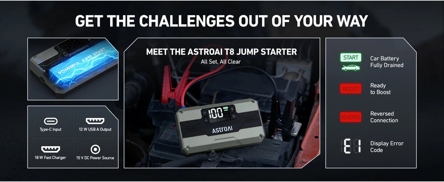 AstroAI T8 Car Battery Jump Starter 8-in-1 2500A, with 15200mAh QC 3.0 Power Bank, LED Screen, Cigarette Adapter, Jumper Cable for Up to 8.0L Gas & 5.0L Diesel Engines