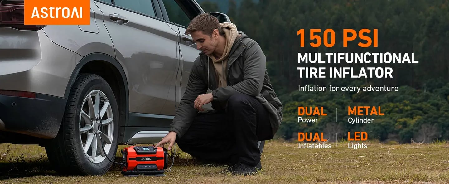 AstroAI Tire Inflator Portable Air Compressor Pump 150PSI 12V DC/110V AC with Dual Metal Motors &LED Light， Automotive Car Accessories&Two mode for car, bicycle tires and air mattresses, Red