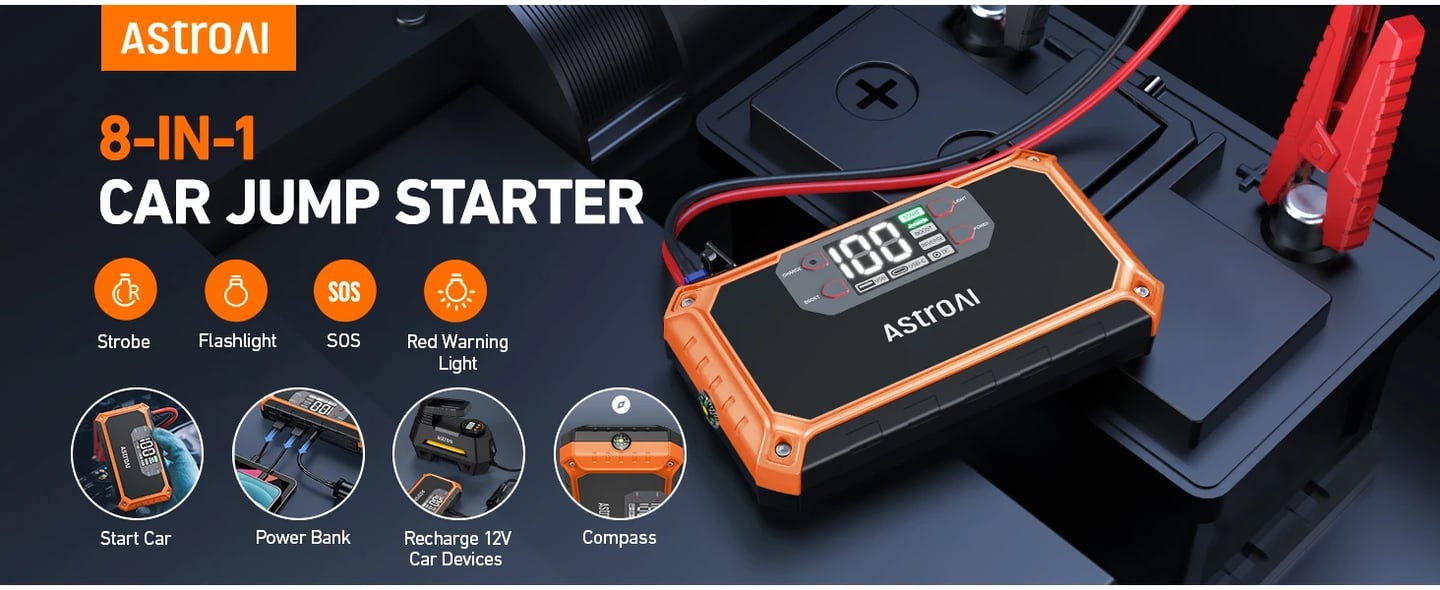 AstroAI 8-in-1 Portable Car Jump Starter with LED Screen, Quick Charge, Power Bank and Cigarette Adapter, Jumper Cable for Up to 7.0L Gas & 4.0L Diesel, 2000A, 12V