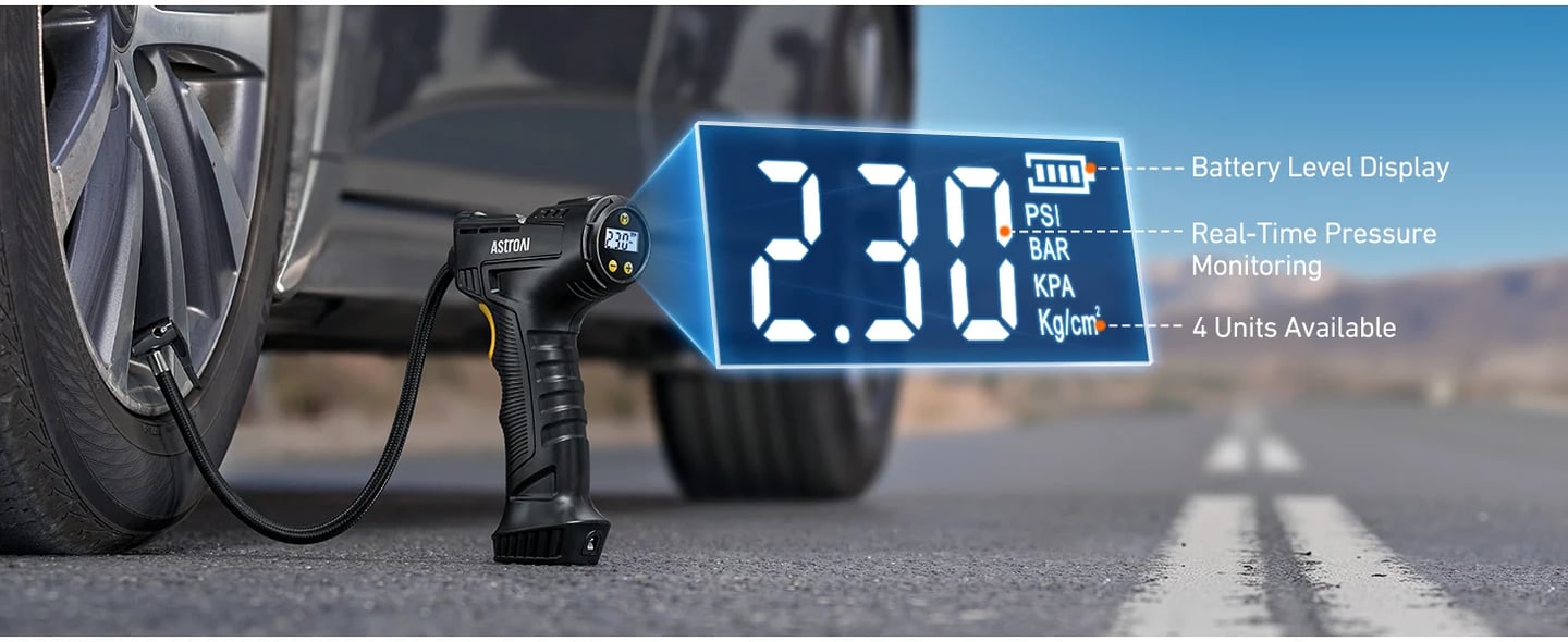 AstroAI Car Tyre Inflator Air Compressor, USB Rechargeable Battery Cordless Tyre Inflator, 150PSI Portable Handheld Tyre Pump Digital with Torch and 4 Adaptors for Car, Motorcycle Bike, Ball