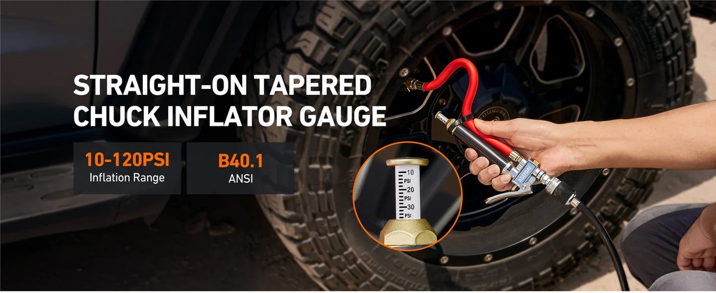 AstroAI T3 Heavy-Duty Tire Pressure Gauge with Inflator, Dual Head Chuck ANSI B40.1 Accurate Air Chuck with Pressure Gauge, 10-120 PSI, Compatible with 1/4" NPT Air Compressor