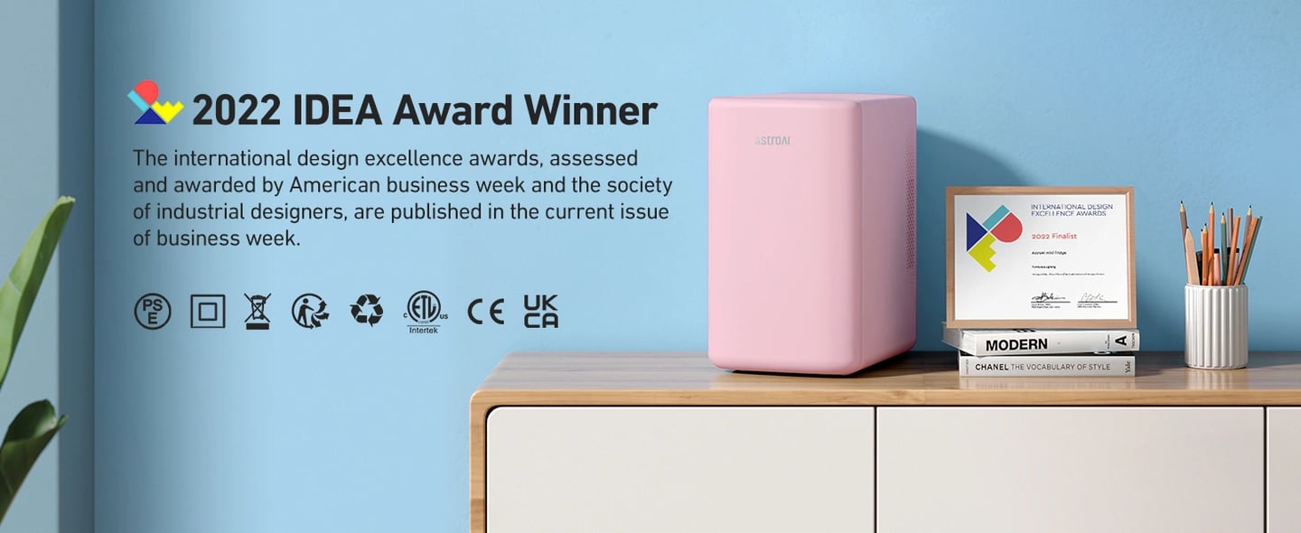 AstroAI Cute Mini Fridge Pink for Skincare, Dorm, Bedroom, Office, 6 Liter/8 Cans, 110V AC/ 12V DC, LY2206A