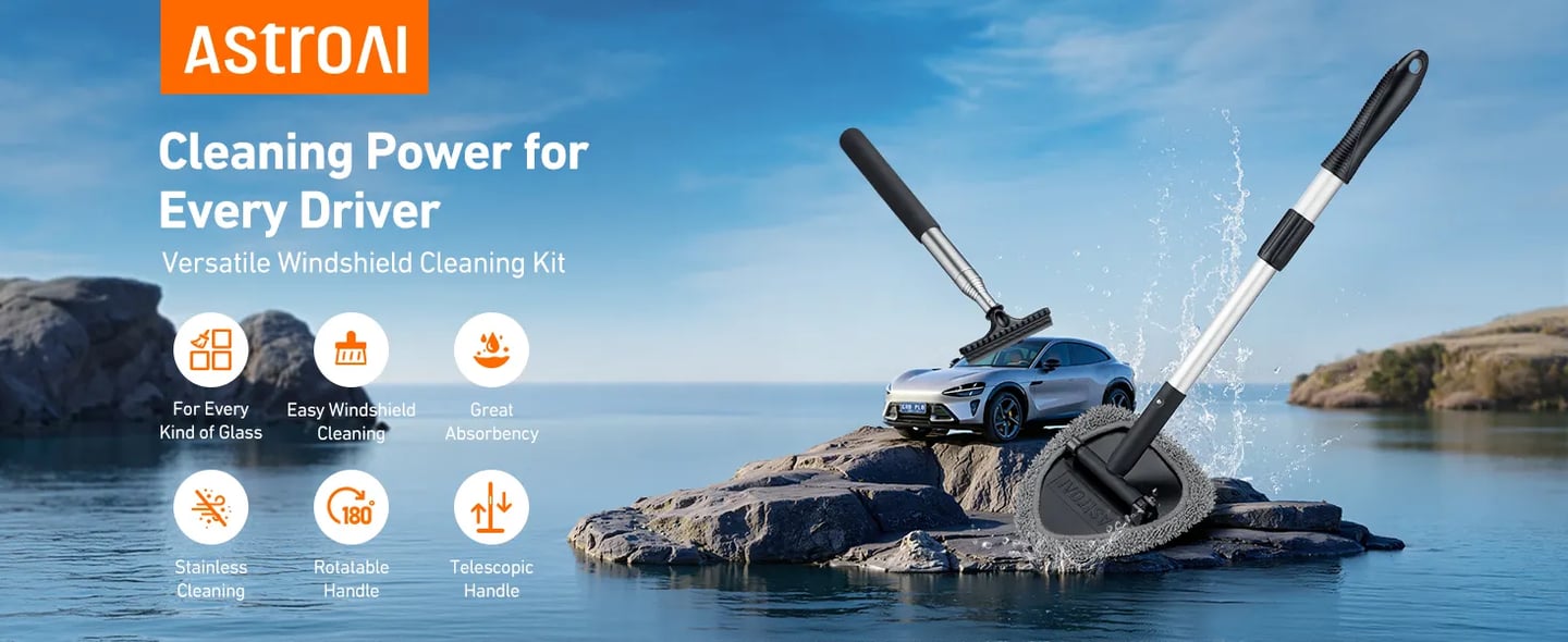 AstroAI Car Windshield Cleaner Tool, Window Cleaning Kit with 39in Car Mirror Squeegee, 4 Reusable Microfiber Pads and Extendable Handle, Gray