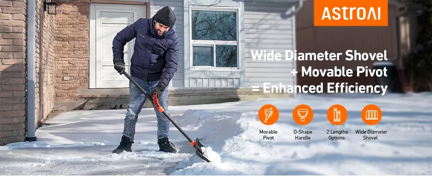 AstroAI 62" Heavy-Duty Snow Shovel with Adjustable Ergonomic D-Shape Handle, 17-Inch Wide Snow Shovel for Car with Reinforced Aluminum Metal Blade, Yard
