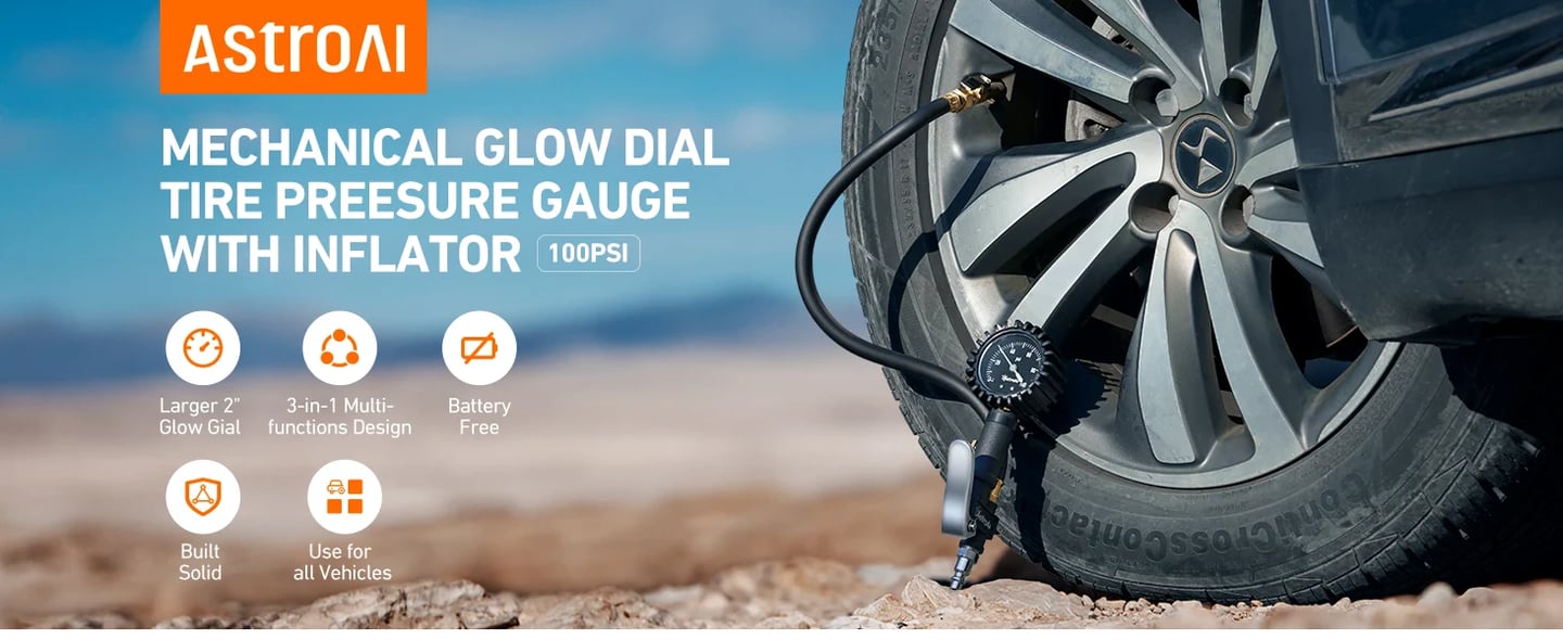 AstroAI Glow Dial Tire Inflator with Pressure Gauge 100 PSI with Large 2" Easy Read Glow Dial, Air Chuck, Quick Connect Coupler and Rubber Hose Compressor Accessories