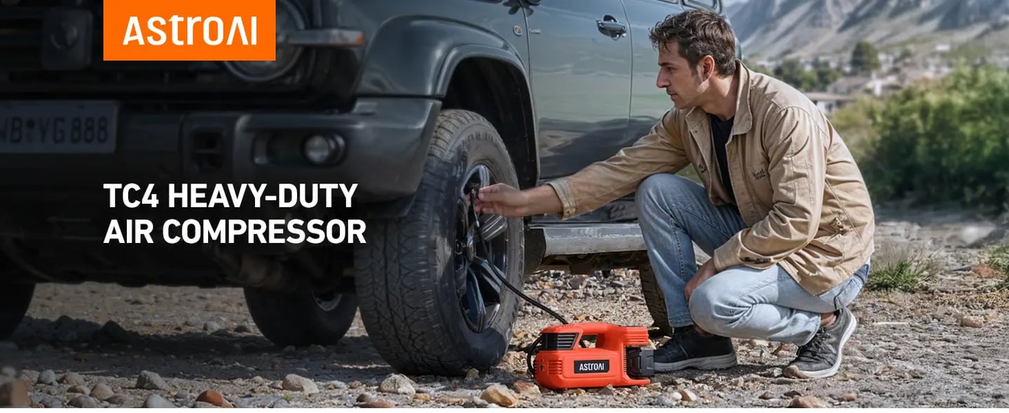 AstroAI TC4 Portable Air Compressor Tire Inflator, 470W 18V Cordless Air Pump for Truck Tires with 4000mAh Battery, 150PSI Heavy Duty Air Compressor with Digital Display for Car, RVs, SUV Red