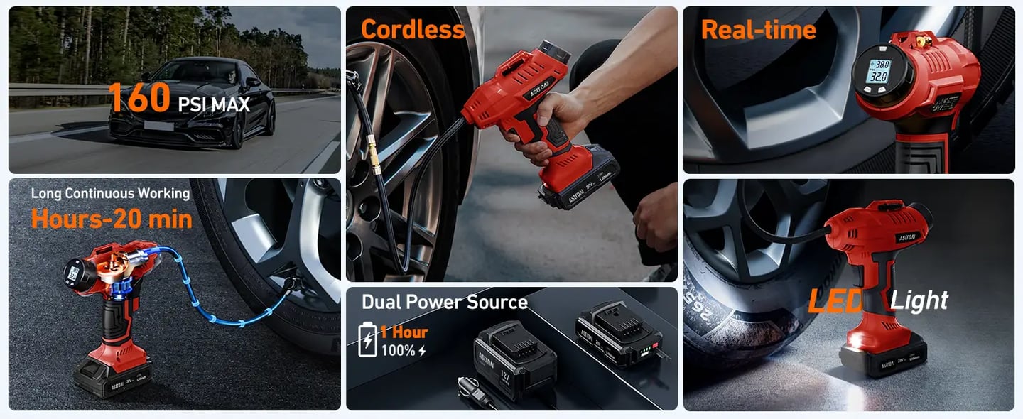 AstroAI 20V Rechargeable Battery Powered High-Speed Air Compressors​ with 12V Car Power Adapter for Cars, Red