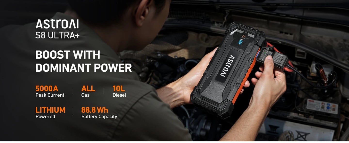 AstroAI S8 Ultra+ Car Battery Jump Starter, 5000A Peak Portable Car Jump Starter for Up to All Gas & 10.0L Diesel Engines