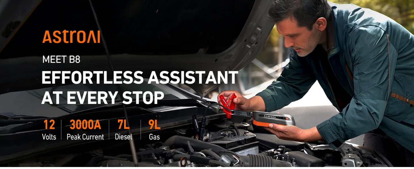 AstroAI B8 3000A Car Battery Jump Starter, 12V Jump Starter Battery Pack (up to 9.0L Gasoline and 7.0L Diesel Engine), Portable Jump Box with 3 Modes Flashlight and Jumper Cable