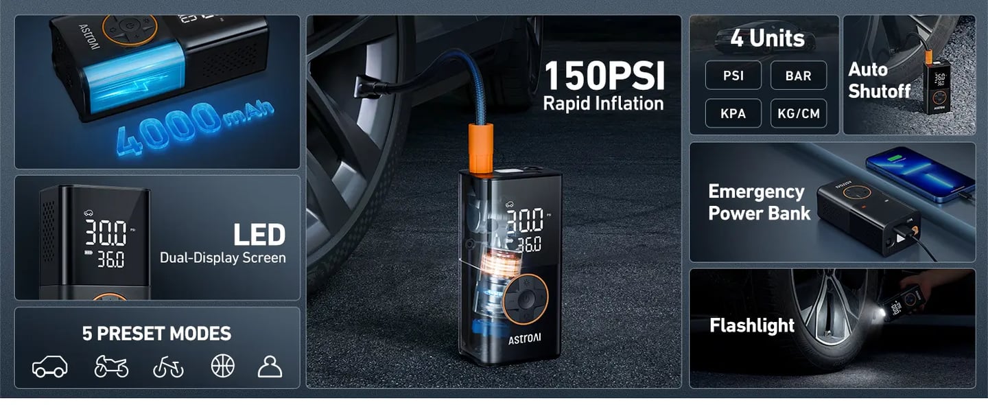 AstroAI L7 Portable Tire Inflator with Digital Dual Values Display and LED Lights, 150 PSI