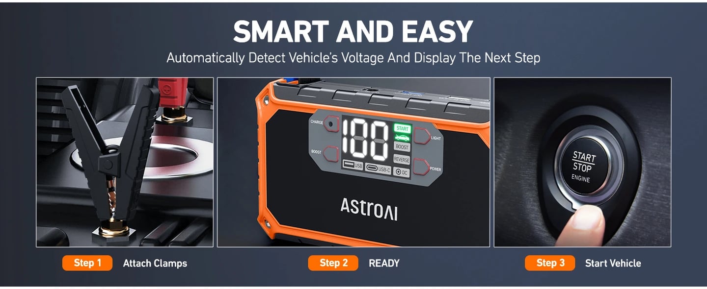 AstroAI 8-in-1 Portable Car Jump Starter with LED Screen, Quick Charge, Power Bank and Cigarette Adapter, Jumper Cable for Up to 7.0L Gas & 4.0L Diesel, 2000A, 12V