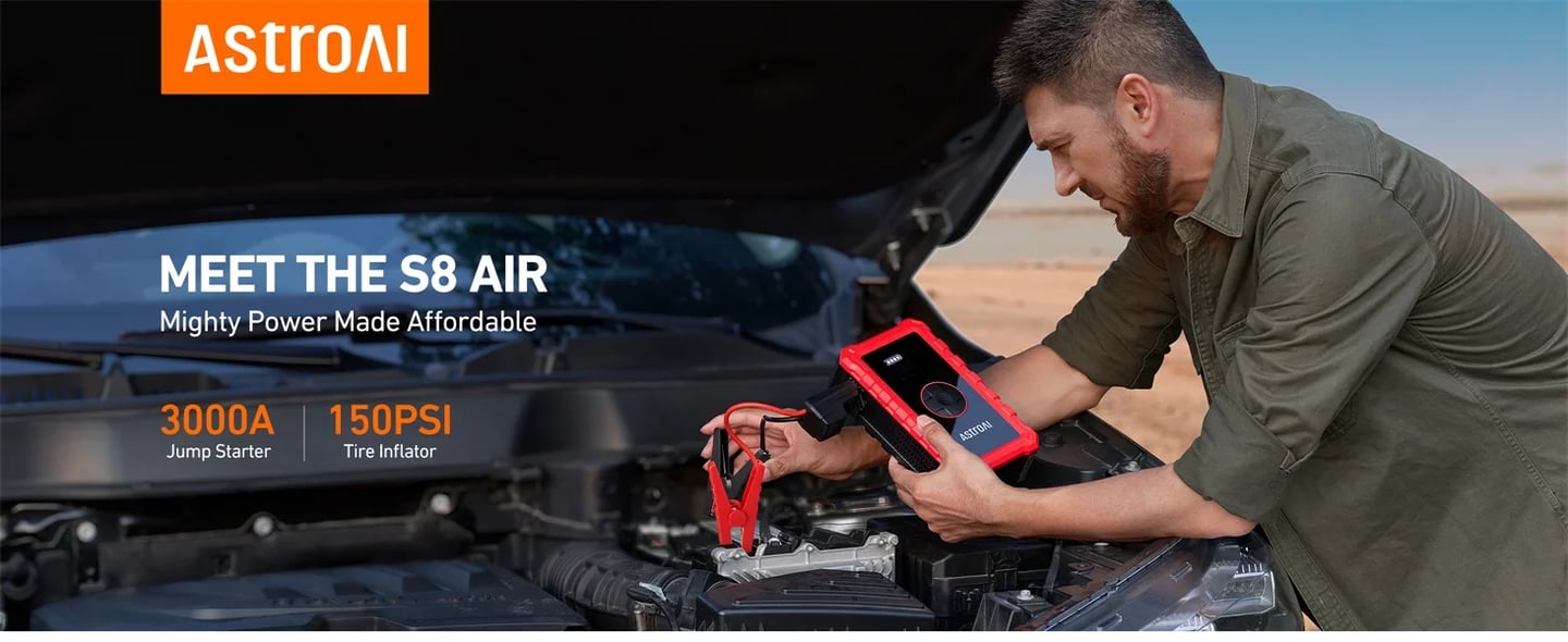 AstroAI S8 Air Jump Starter with Air Compressor, 3000A Car Battery Jumper Starter Portable (6.0 Gas/3.0L Diesel) with 150PSI Cordless Auto-Shutoff Tire Inflator (Red)