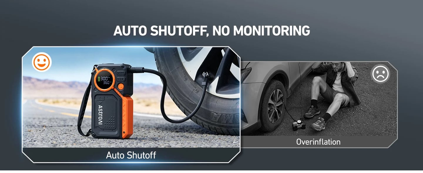 AstroAI 6000A Jump Starter with Tire Inflator, 12V Car Battery Booster with 150PSI Air Compressor, All Gas/12L Diesel Vehicles, LED Digital Display, Orange