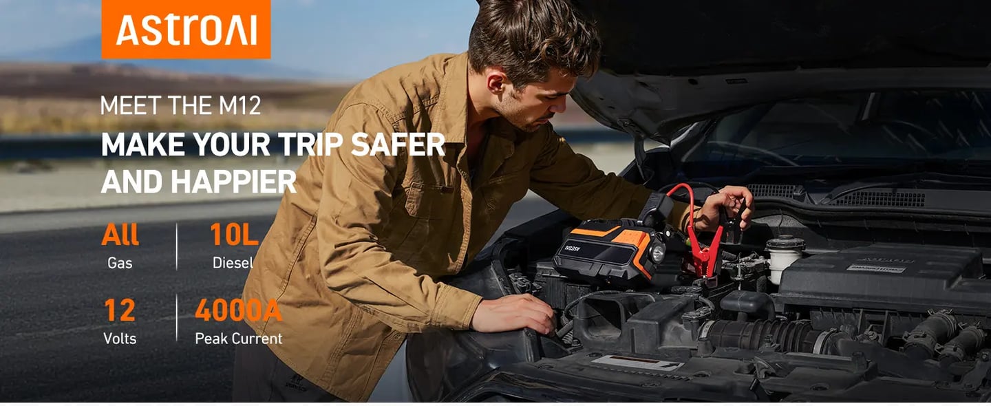 AstroAI M12 Portable Jump Starter with 150PSI Air Compressor, 4000A Car Battery Booster Pack (All Gas &10L Diesel) with 150PSI Tire Inflator, for 12V Cars, Motorcycles, SUVs