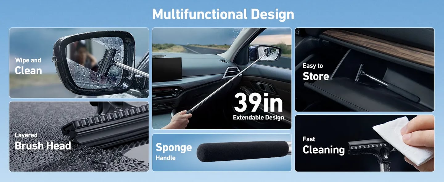 AstroAI Car Windscreen Cleaner Tool, Window Cleaning Kit with 39in Car Mirror Squeegee, 4 Reusable Microfiber Pads and Extendable Handle, Blue car squeegee
