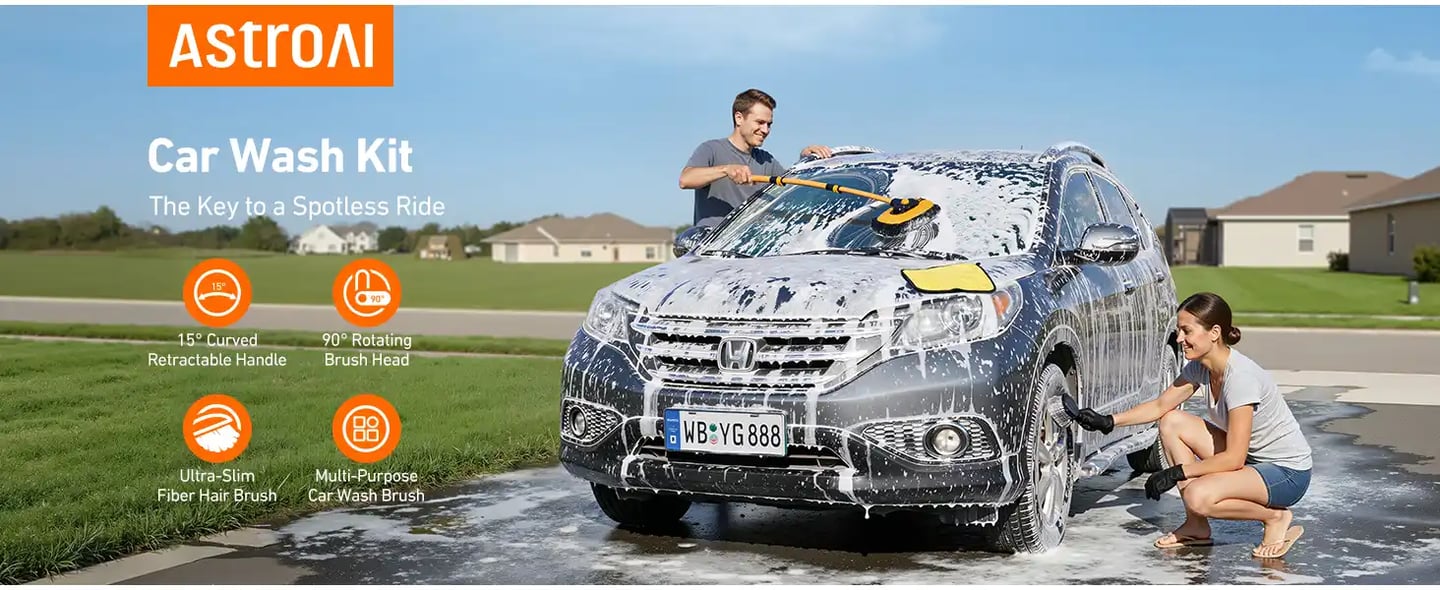 AstroAI 15° Curve Car Wash Brush,Telescopic Car Cleaning Brush, Microfibre Car Wash Brush Mop, Car Wash Kit for Cars RV SUV Truck