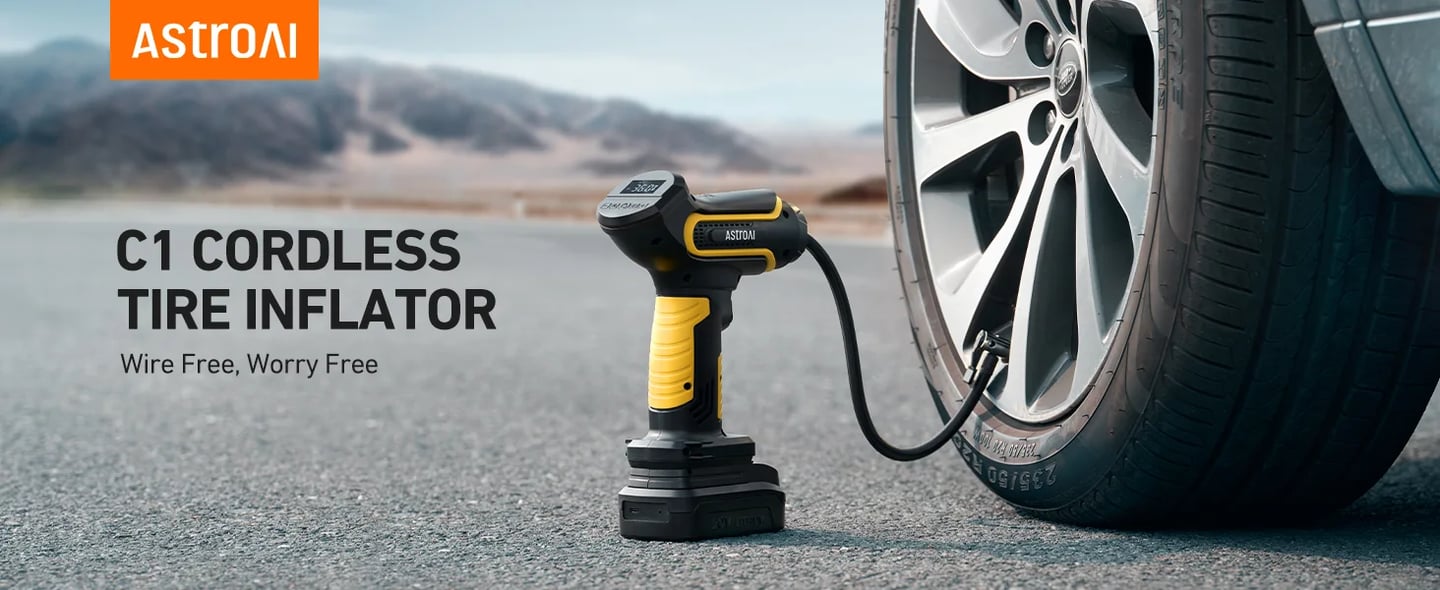 AstroAI Handheld Tire Inflator with 20V Rechargeable Battery & 12V Car Power Adapter for Cars and Motorcycles, 150 PSI, Yellow