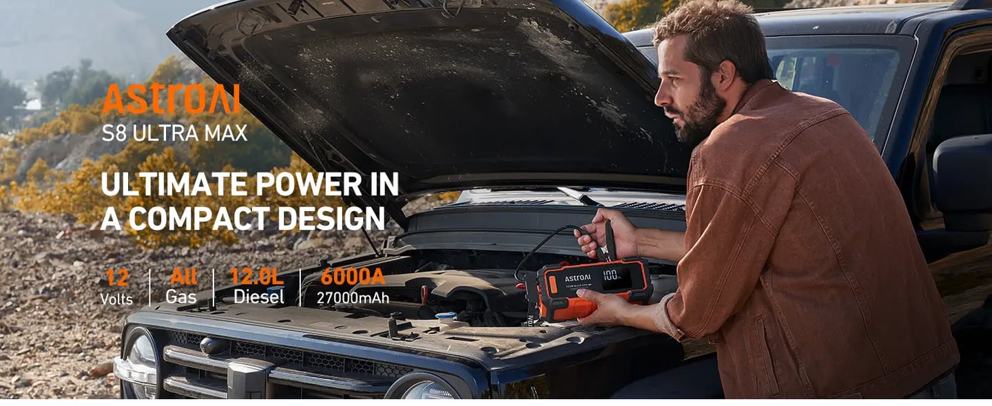 AstroAI S8 Ultra Max Car Battery Jump Starter | 6000A Peak 27000 mAh Portable Charger and Jumper Cables for All Gas/12.0L Diesel Lithium Car Jump Starter Battery Pack Cables, 100W Fast Charging