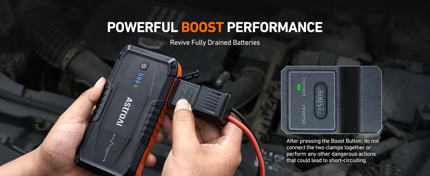 AstroAI S8 Car Battery Jump Starter 1500A - Portable 12V Lithium Jump Box
BOOST for Dead Battery, 3 Mode Flashlight, Power Bank & Smart Jumper Cables - for 6.0L Gas and 3.0L Diesel Engine, Orange