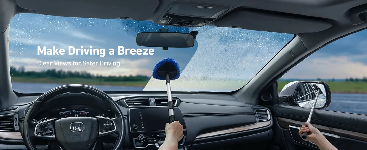 AstroAI Car Windscreen Cleaner Tool, Window Cleaning Kit with 39in Car Mirror Squeegee, 4 Reusable Microfiber Pads and Extendable Handle, Blue car squeegee