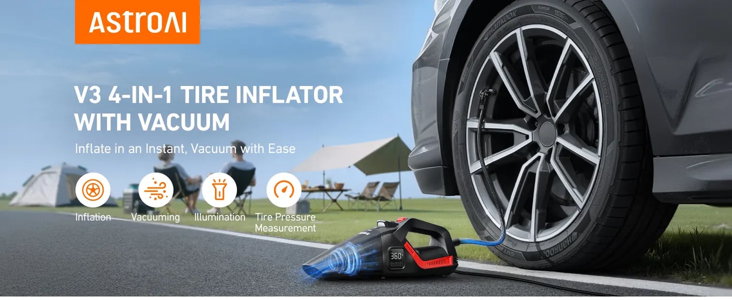 AstroAI 2-in-1 Car Vacuum Cleaner Tire Inflator, Multifunction Handheld Vacuum Air Compressor, Portable 12V DC Vacuum Duster Cleaner with Digital Display, LED Light