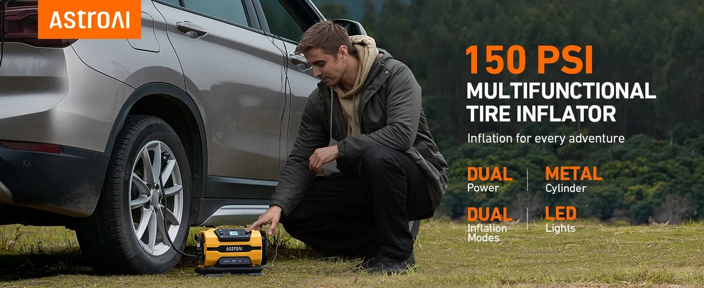 AstroAI Tire Inflator 150PSI 12V DC/110V AC with Dual Metal Motors &LED Light