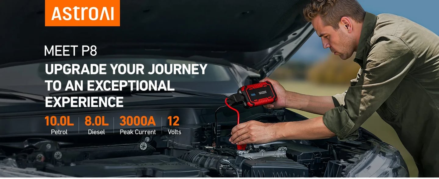 AstroAI P8 Jump Starter Power Pack 3000A – Portable Car Battery Booster Jump Starter Power Bank for 12V Cars (10.0L Petrol / 8L Diesel), Motorbikes, Includes LED Flashlight, Red