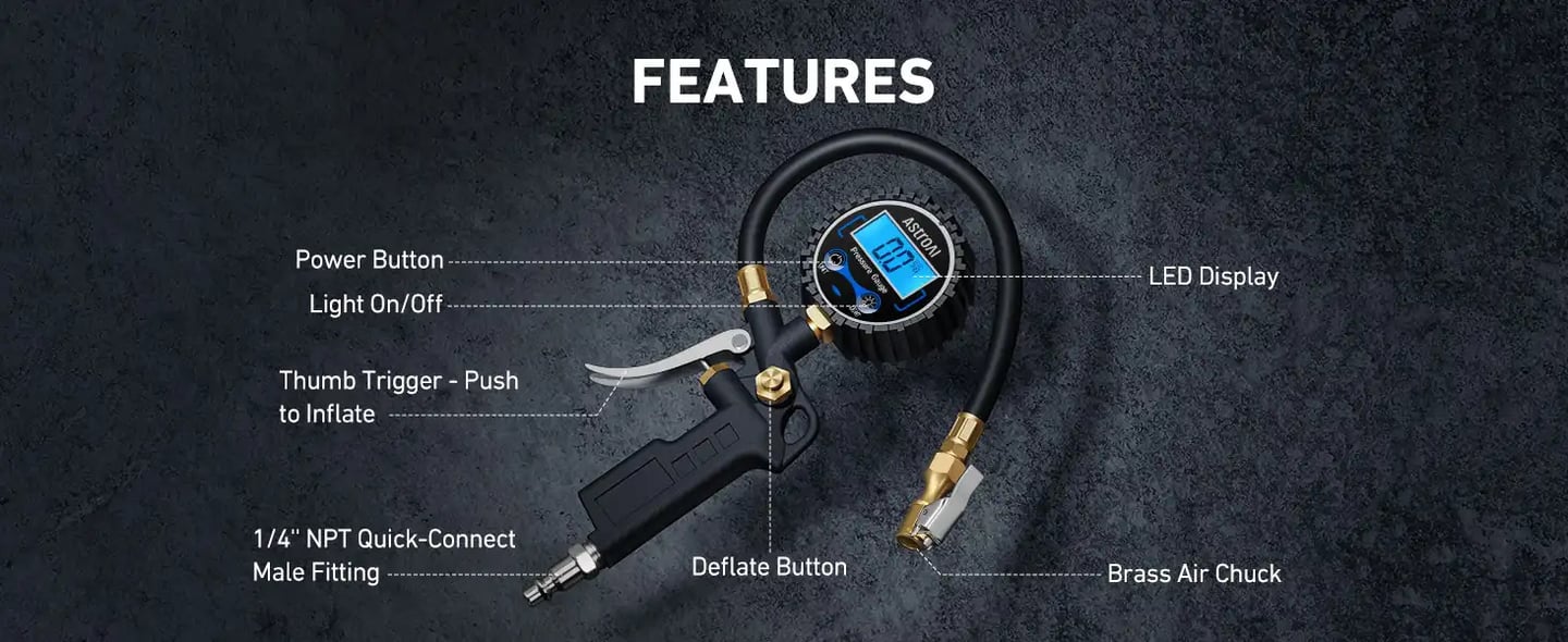 AstroAI Digital Tire Pressure Gauge with Inflator, 3-250 PSI Air Chuck & Compressor Accessories Heavy Duty with Quick Connect Coupler, 0.1 Display Resolution (Standard with Case)