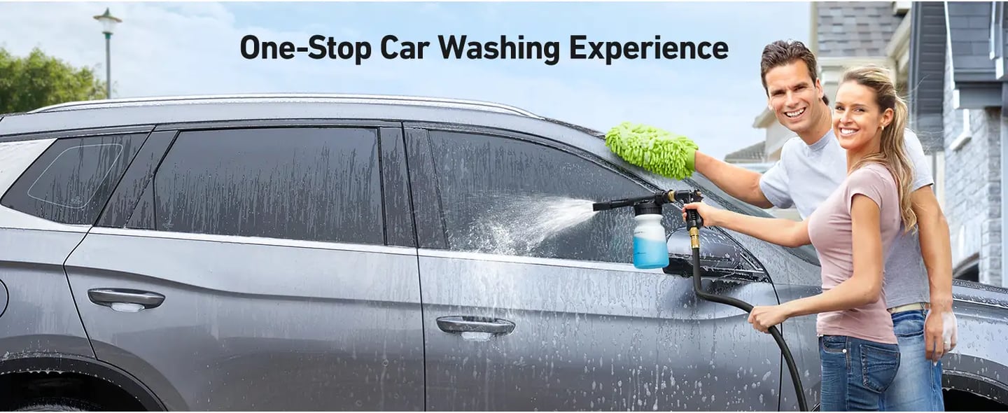 AstroAI Foam Gun Car Wash Gun with Wash Mitt, Quick Connect to Most Garden Hose, Foam Blaster Equips with 3/4” Universal Garden 3/8" Quick Connector, Amber Lable