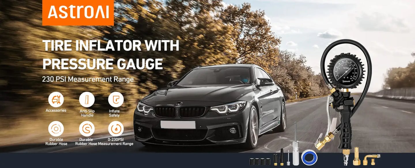 AstroAI Tire Pressure Gauge with Inflator, 230 PSI Heavy Duty with Air Chuck Compressor Accessories, 360° Rotatable Dial and Air Chuck