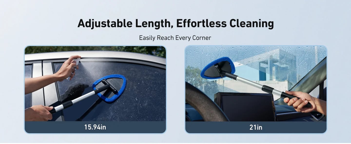 AstroAI 26" Windshield Cleaner Tool, Car Interior Window Detailing Cleaning Kit with Extendable Handle and 4 Easy-to-Install Reusable Microfiber Pads, Blue