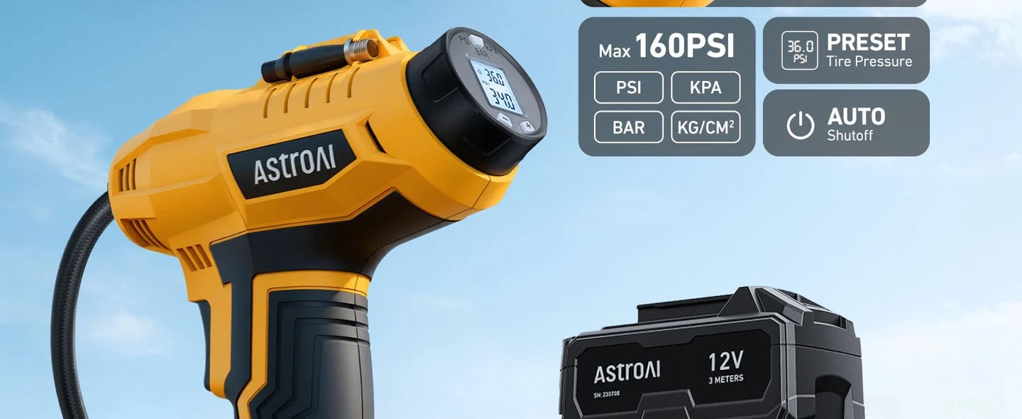 AstroAI Cordless Tire Inflator Portable Air Compressor 160PSI 12VDC Battery
Dual Power Supply Auto Shut-Off Digital Pressure Gauge Fast Inflation Air Pump for Cars Motorcycles Bikes Ball Gift Yellow