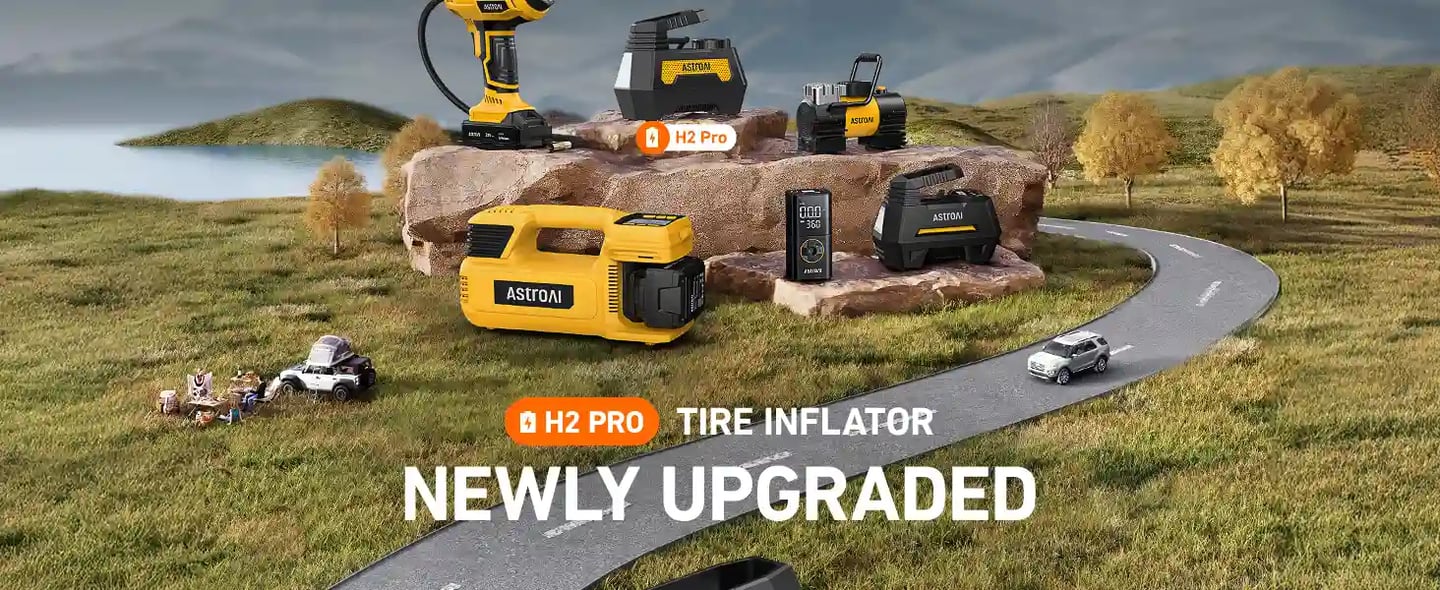 AstroAI H2 Pro Tire Inflator Portable Air Compressor Fully Upgraded Cordless Tire Inflator with DC 12V & Battery Dual Power Supplies Fast Inflation Air Pump for Car Tires Motorcycles Yellow