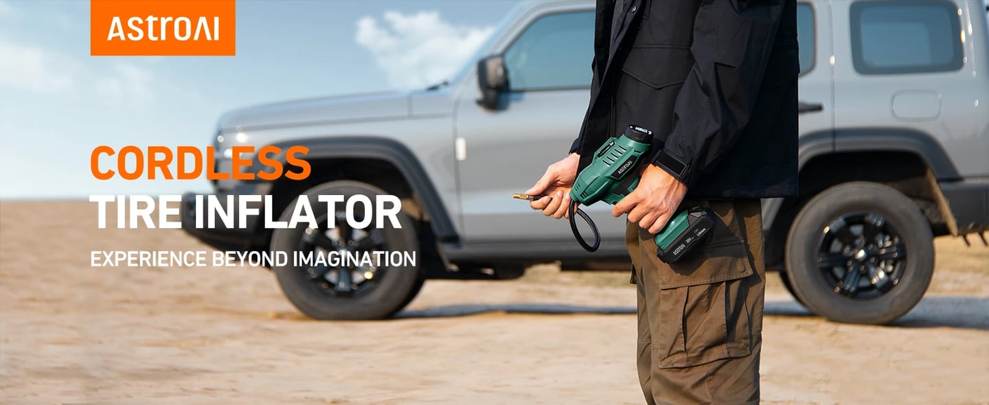 AstroAI 20V Rechargeable Battery Powered Air Compressor with 12V Car Power Adapter & Digital Pressure Gauge for Cars, Motorcycles, 160PSI, Green