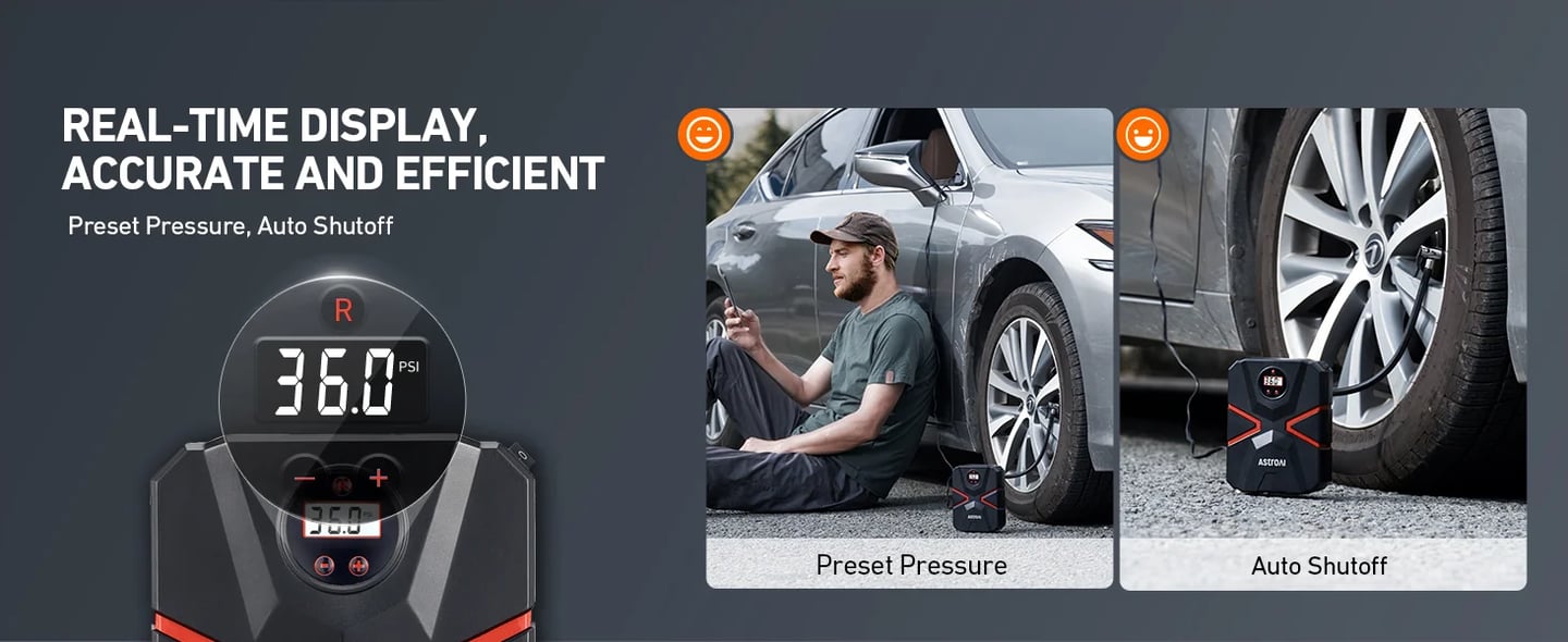 AstroAI Tyre Inflator Air Compressor 12V DC, Digital Car Tyre Pump 150 PSI, Preset Tyre Pressure & Auto Shutoff