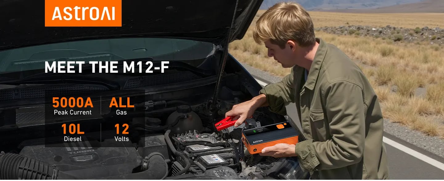 AstroAI M12-F Portable Jump Starter with Air Compressor, 5000A Car Battery Booster Pack & 150PSI Car Battery Jump Starter (All Gas & 10.0 L Diesel) with tire inflator, Intuitive LED Screen