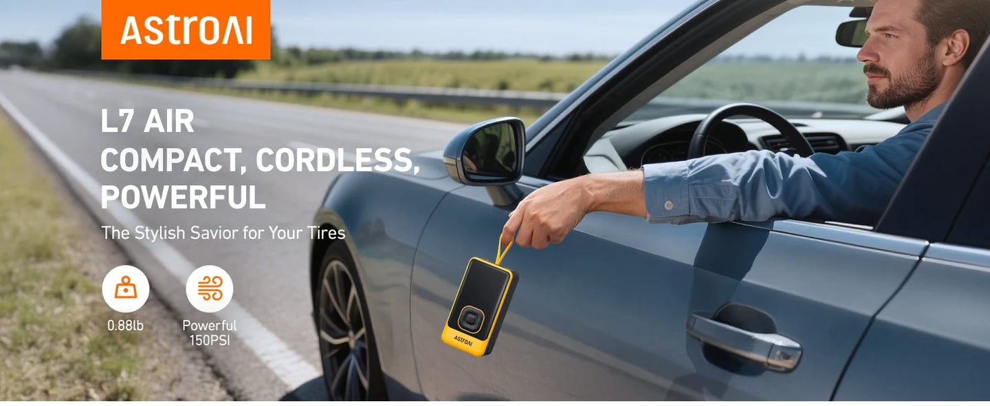 AstroAI L7 Air Tire Inflator Portable Air Compressor, 150PSI Electric Cordless Pump with Fast 1-min Inflation, Auto Shutoff, LED Light – Rechargeable for Car, SUV, Motorcycle, Bike Tires, Yellow