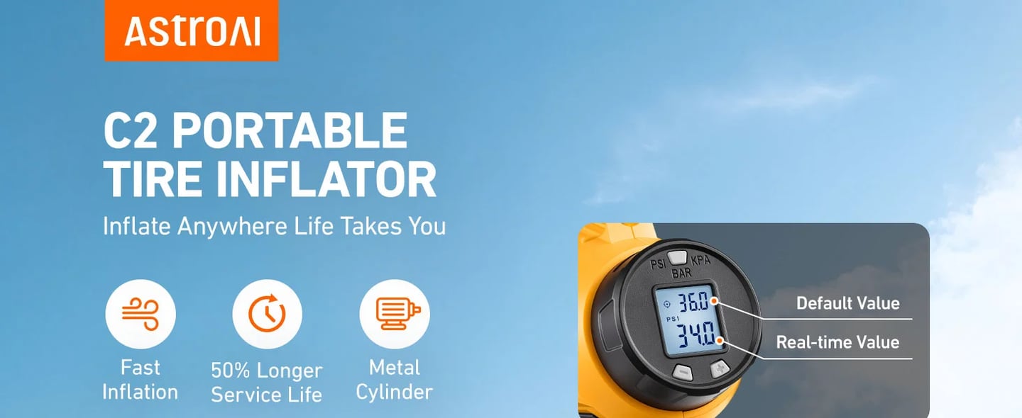 AstroAI Cordless Tire Inflator Portable Air Compressor 160PSI 12VDC Battery
Dual Power Supply Auto Shut-Off Digital Pressure Gauge Fast Inflation Air Pump for Cars Motorcycles Bikes Ball Gift Yellow