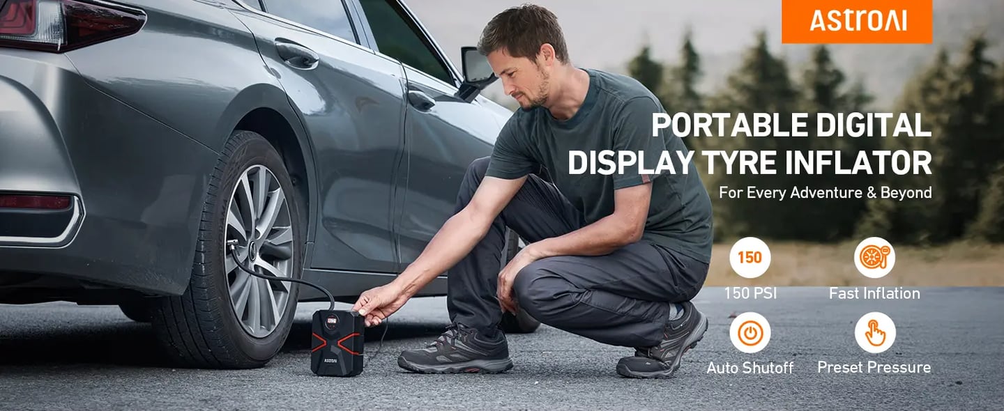 AstroAI Tyre Inflator Air Compressor 12V DC, Digital Car Tyre Pump 150 PSI, Preset Tyre Pressure & Auto Shutoff